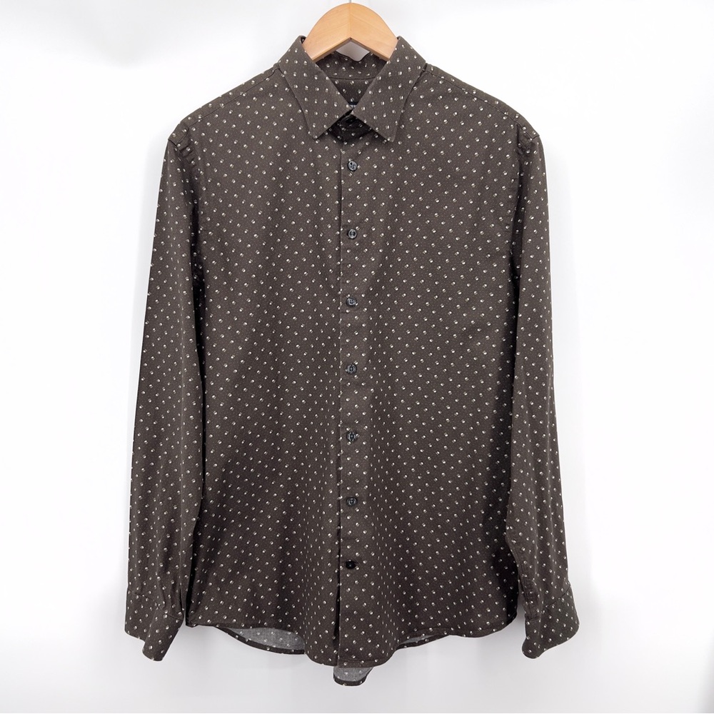 Express Mens Slim 1MX Button Down Shirt Sz L Brown Micro Floral Print Stretch